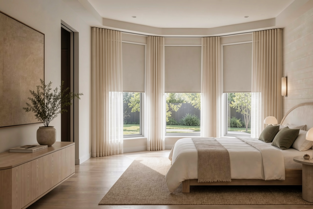 Modern bedroom with sheer curtains and roller blinds