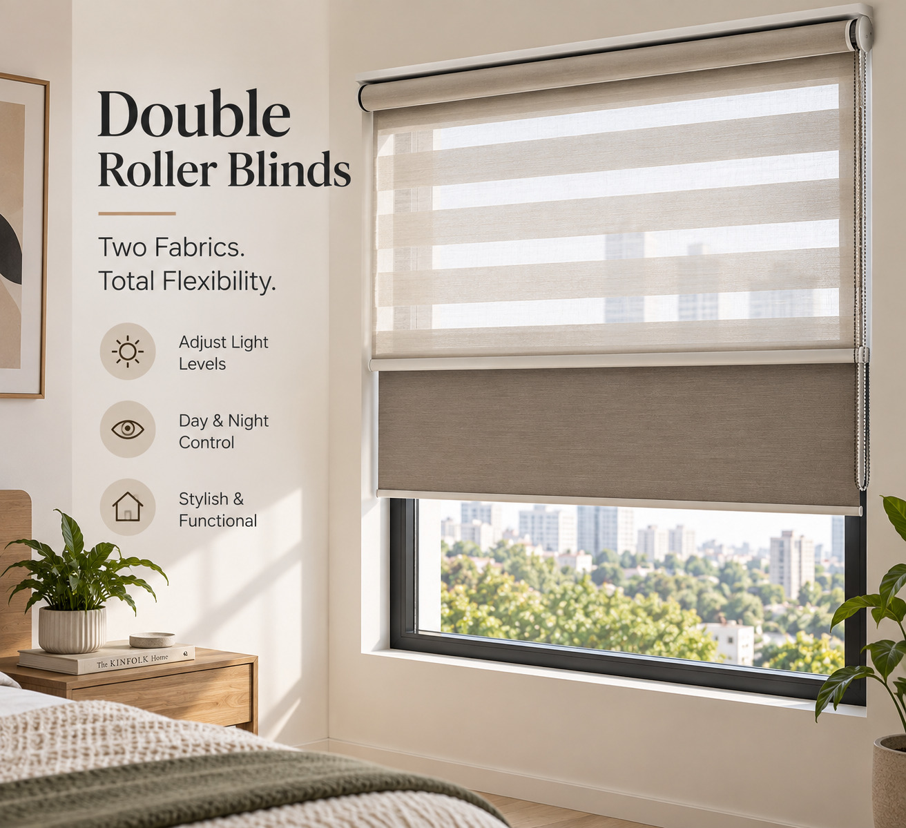 Double roller blinds combining sunscreen and blockout fabrics for flexible light control