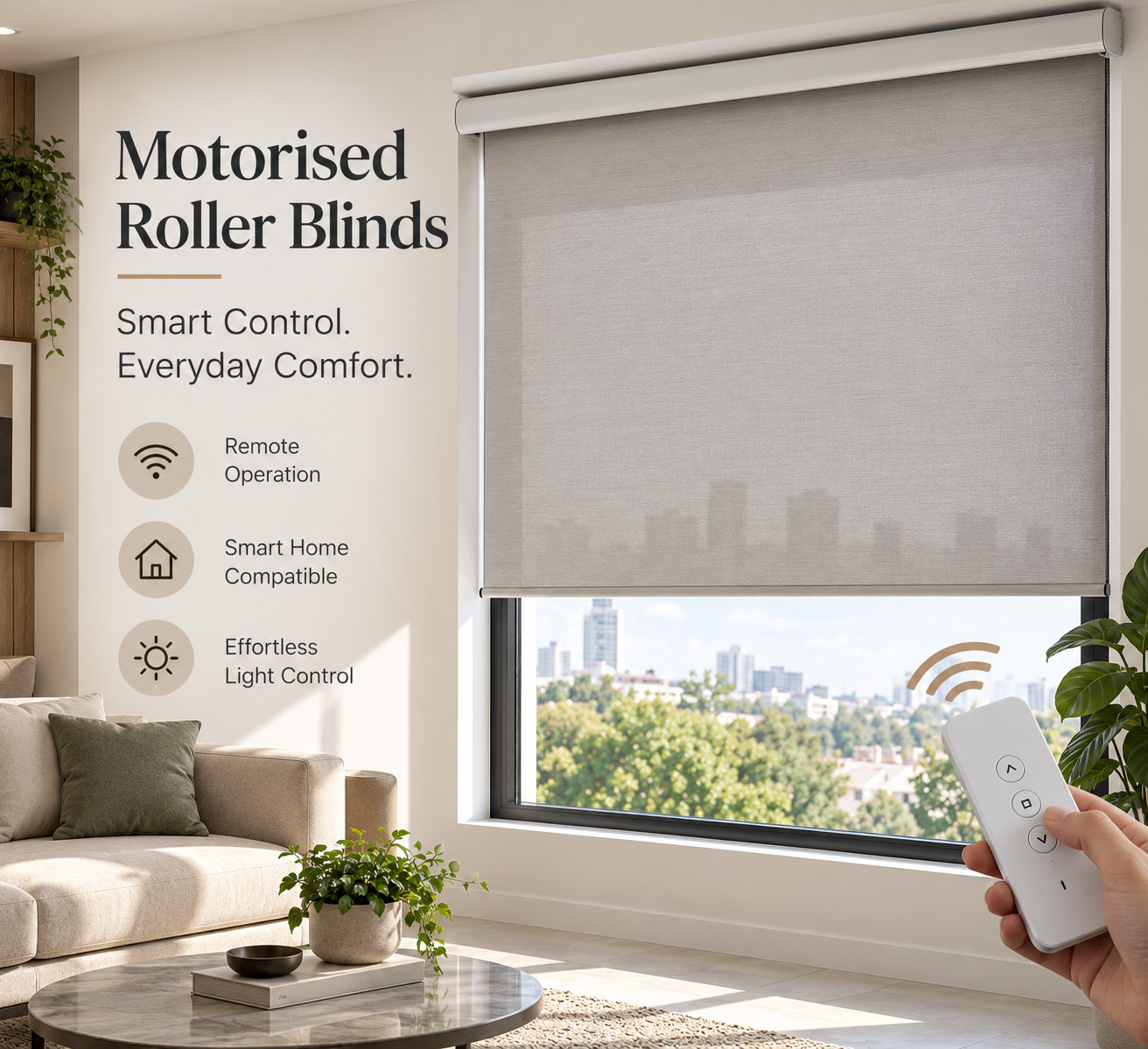 Motorised roller blinds offering convenient remote-controlled window shade operation.