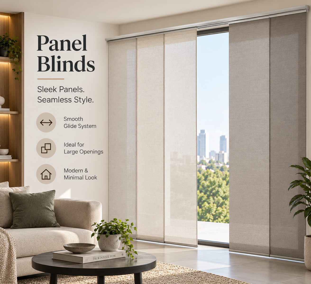 Panel glide blinds with wide sliding panels creating a sleek window covering solution.