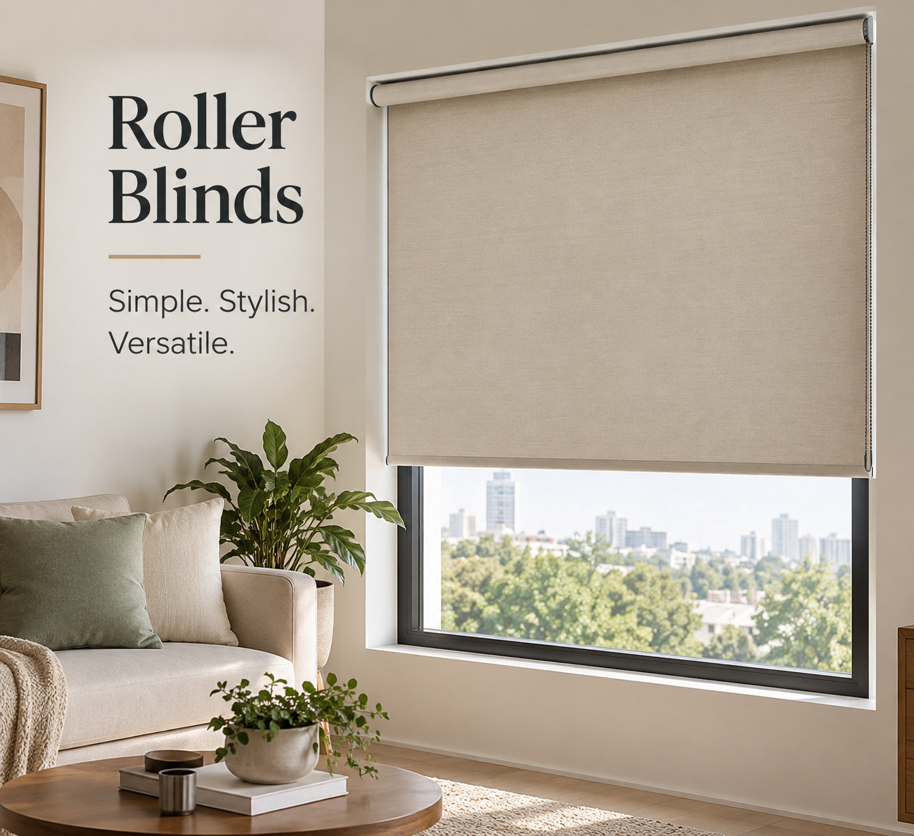 Modern roller blinds covering a window for light control and privacy