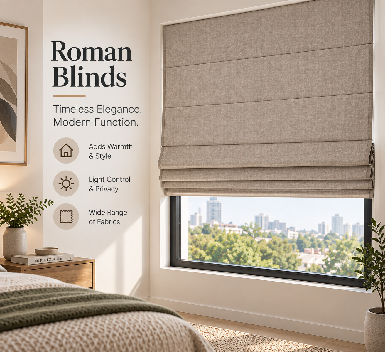 Elegant Roman blinds with soft fabric folds adding style, privacy, and light control to a window.