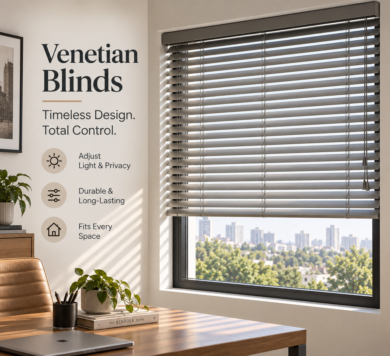 Venetian blinds with adjustable horizontal slats for privacy and light control.