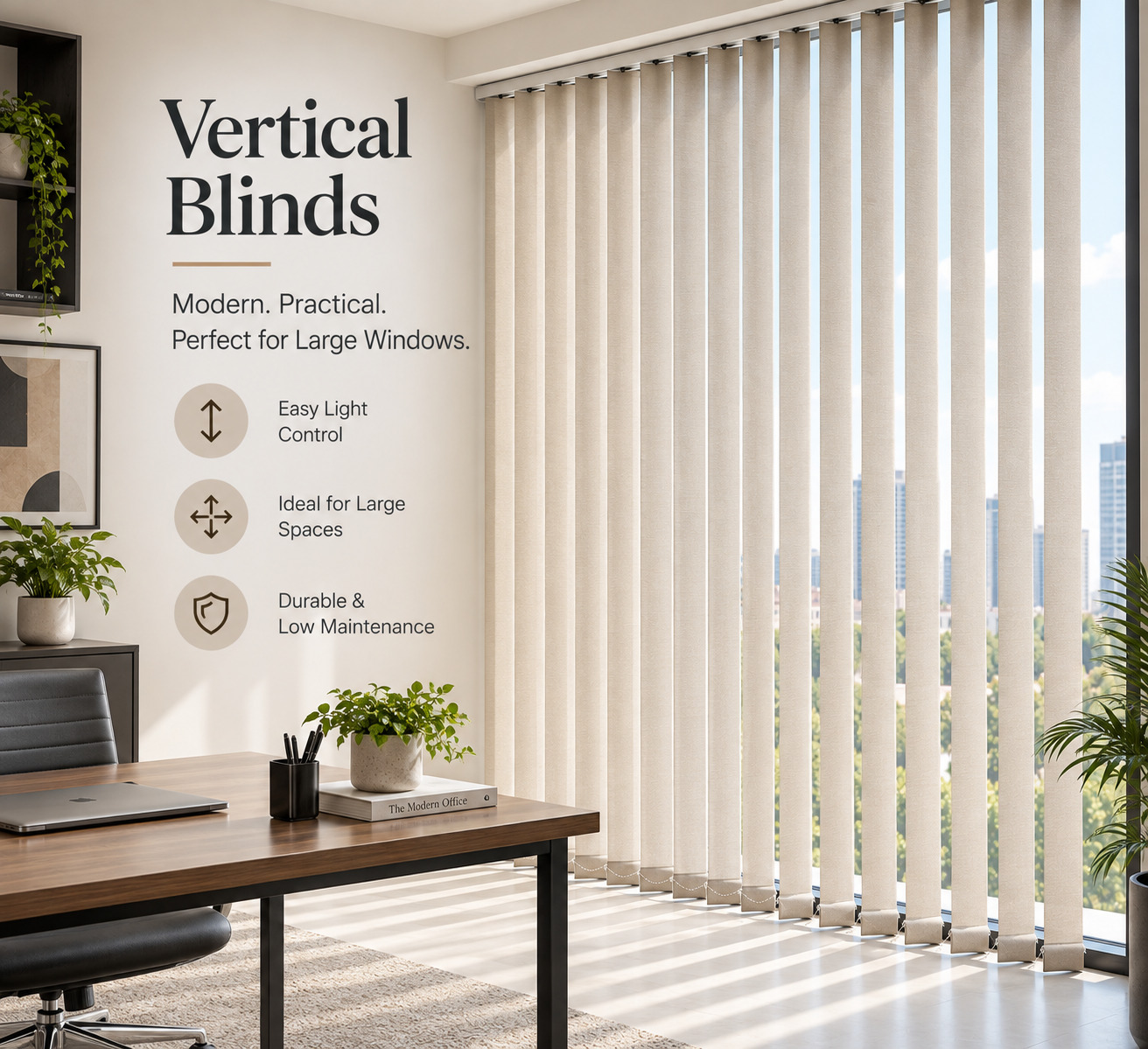 Vertical blinds with adjustable fabric slats providing privacy and natural light control.